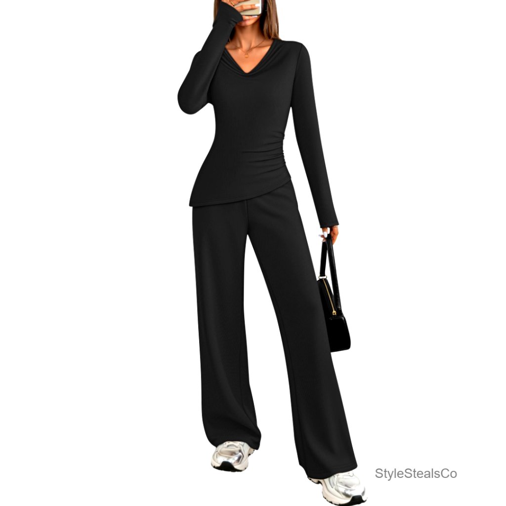 Long Sleeve V Neck Top Wide Leg Pants 2 Piece Lounge Set Matching Outfit